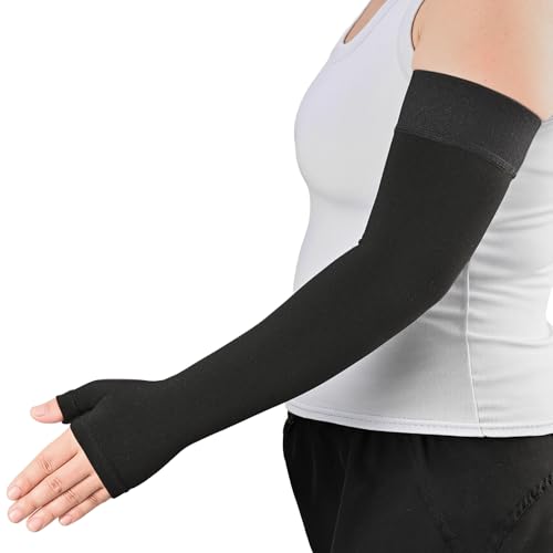 KEKING Lymphedema Medical Compression Arm Sleeve with Gauntlet, 15-20 mmHg Graduated Compression Full Arm Support for Women Men (Single), Long Pressure Arm Hand Brace for Arthritis, Bursitis, Edema - color: Black (Single), size: Small
