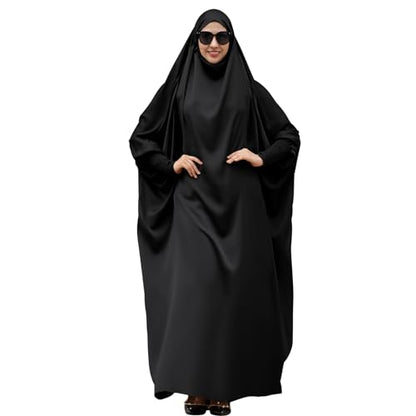 IDOPIP Muslim Abaya for Women One Piece Long Sleeve Islamic Prayer Dress with Hooded Hijab Maxi Kaftan Robe Modest Clothes - color: Black