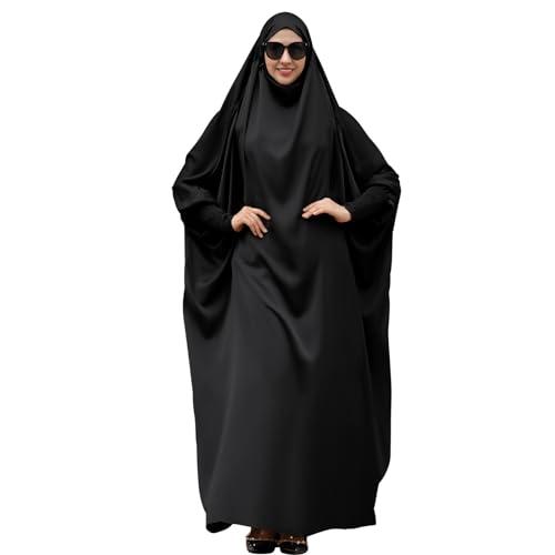 IDOPIP Muslim Abaya for Women One Piece Long Sleeve Islamic Prayer Dress with Hooded Hijab Maxi Kaftan Robe Modest Clothes - color: Black