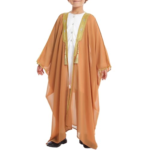 Toddler Boys Muslim Arabic Thobe Long Sleeve Embroidered Islamic Kaftan Teens Middle East Prayer Dress Ramadan Eid Clothes - color: Orange, size: 1-2T