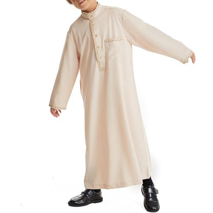 Muslim Thobe for Boys Islamic Thobe Long Sleeve Kaftan Stand Collar Button 𝐑obe Kids Ramadan Eid Outfit Prayer Clothes - color: Beige, size: 7-8 Years