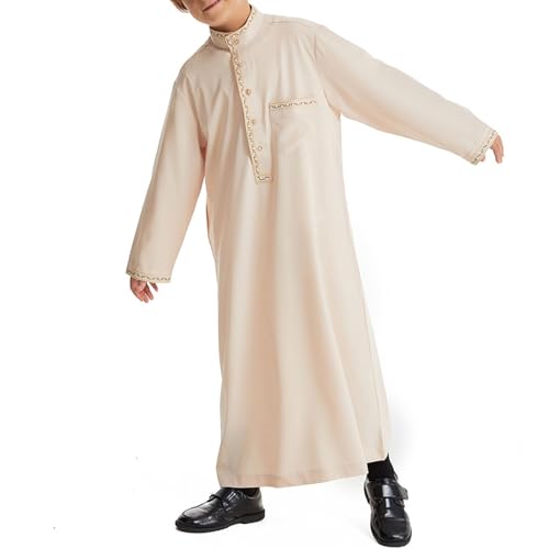 Muslim Thobe for Boys Islamic Thobe Long Sleeve Kaftan Stand Collar Button 𝐑obe Kids Ramadan Eid Outfit Prayer Clothes - color: Beige, size: 13-14 Years