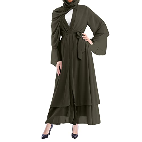 IWEMEK Women Chiffon Muslim Dress Middle East Arabian Robe Islamic Open Front Abaya Long Sleeve Flowy Maxi Cardigan Dress - color: Army Green, size: Small