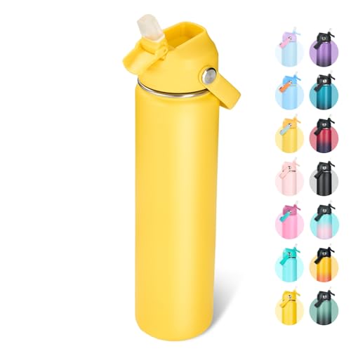Fijinhom 24oz Insulated Stainless Steel Water Bottle, Wide Mouth Double Wall Vacuum, Silicone Straw, Sweat & Leak Proof, BPA Free Insulated Water Flask for Travel, Keep Cold 24h Hot 12h, Yellow - color: Yellow, size: 24 Ounces