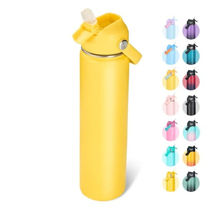 Fijinhom 24oz Insulated Stainless Steel Water Bottle, Wide Mouth Double Wall Vacuum, Silicone Straw, Sweat & Leak Proof, BPA Free Insulated Water Flask for Travel, Keep Cold 24h Hot 12h, Yellow - color: Yellow, size: 24 Ounces