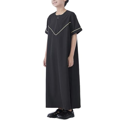 Boys Short Sleeve Muslim Thobes Islamic Kids Half Zipper Eid Traditional Prayer Kaftan Thobes Toddler Abaya Clothes - color: Black, size: 7-8 Years