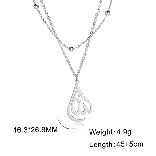 UNIFT Islamic Muslim Allah Layered Necklaces For Women Stainless Steel Charm Water Drop Heart Shape Allah Pendant Double Layer Necklace Islamic Jewelry - color: silver