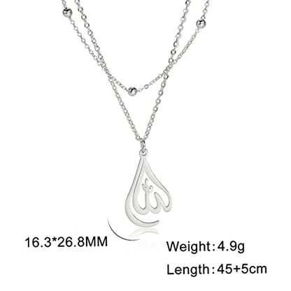 UNIFT Islamic Muslim Allah Layered Necklaces For Women Stainless Steel Charm Water Drop Heart Shape Allah Pendant Double Layer Necklace Islamic Jewelry - color: silver