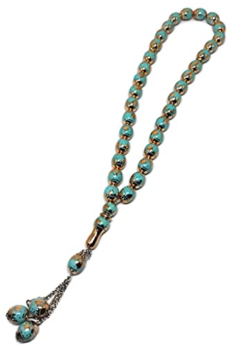 Muslim Tasbih 33 Rosary Bead AMN-276 Islam Prayer dhikr Misbaha with Masjid Image Printed on Laser Crystal Stone Beads Islamic Religion Eid Ramadan Gift (Aqua) - color: Aqua