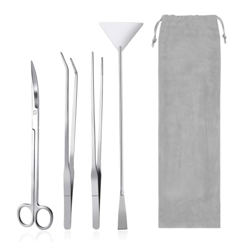 4Pcs Stainless Steel Aquascape Tool Kit with Tweezers Scissors Spatula | Silver Anti-Rust Fish Tank Starter Kit Aquarium Plant Tools for Trimming Scraping Reptile Feeding - color: Silver