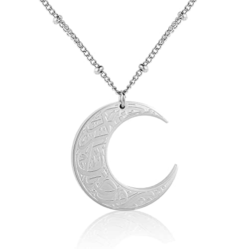 Qitian Islamic Jewelry Gifts for Women Muslim Pendant Gold Allah Arabic Necklaces Ayatul Kursi Necklace Moon Shape Islam - color: C-Silver
