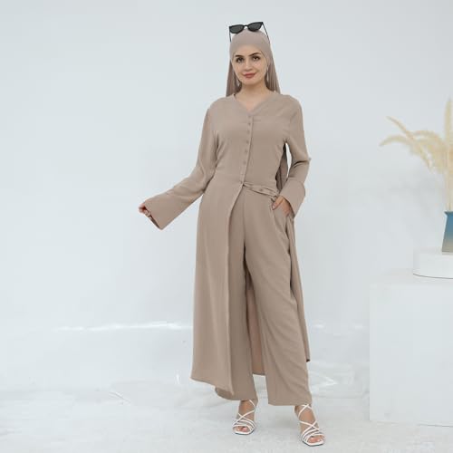 IDOPIP Muslim Women 2-Piece Set Long Sleeve Ramadan Islamic Abaya Dress Shirt with Pants Loose Fit Casual Dubai Prayer Outfit - color: Light Khaki, size: X-Small-Small