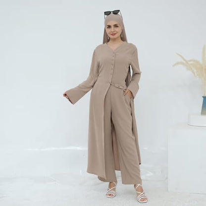 IDOPIP Muslim Women 2-Piece Set Long Sleeve Ramadan Islamic Abaya Dress Shirt with Pants Loose Fit Casual Dubai Prayer Outfit - color: Light Khaki, size: X-Small-Small