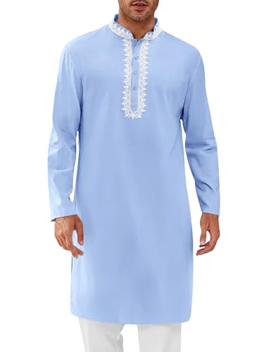 Runcati Mens Kaftan Thobe Cotton Henley Shirt Long Sleeve Embroidery Robe Casual Kurta Muslim Gown Shirt - color: Sky Blue, size: Medium