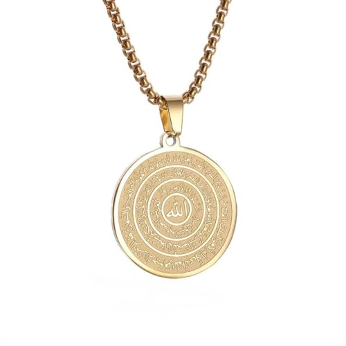Exquisite Stainless Steel Islamic Muslim Quran Allah Medal Pendant Necklace for Men and Women Religious Ramadhan Amulet Jewelry - color: golden