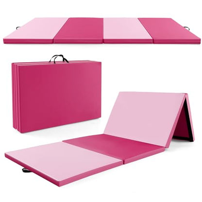Goplus Folding Gymnastics Mat, 10’ x 4’ x 2’’ Thick Tumbling Mats with PU Leather, Hook & Loop Fasteners, Portable Handles, 4-Panel Exercise Mat for Home Gym Workouts, Yoga - color: Rose+Pink