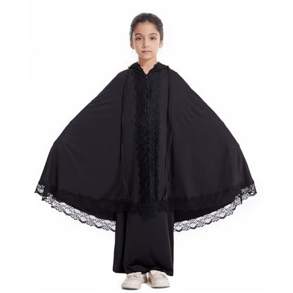 Girls Abaya Muslim Prayer Dress 2 Piece Maxi Sleeve Full Cover Lace Hijab Kaftan Tops Long Skirt Kids Soft Elastic - color: Black, size: 5-6 Years