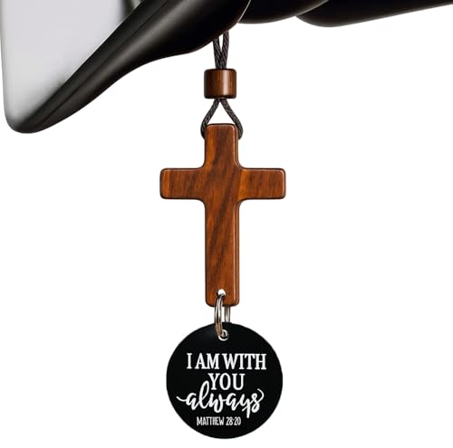 Daily Bible Verse Rearview Mirror Cross Ornament – Daily Scripture Car Charm Hanging Cross for Car with “I Am with You Always” Medallion (Black) - color: Black