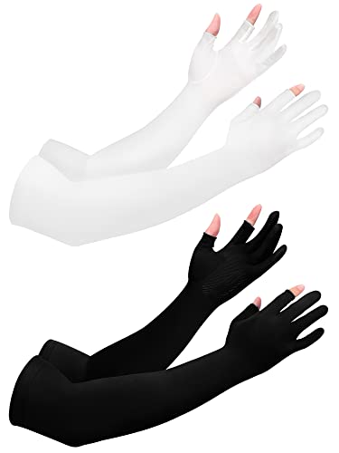 Bencailor 2 Pairs Sun Arm Sleeves for Men Women with 2 Finger Holes Anti Slip Long Cooling Arm UV Protective Sleeves - color: Black, White