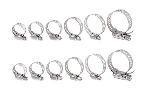 12-Pack 304 Stainless Steel Adjustable Worm Gear Hose Clamps Assortment Kit – Rust-Resistant Pipe & Duct Clamps (6 Sizes)