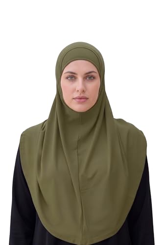 SARJANA Women's Solid Color Cotton Hijab with Under Scarf Cap Ready to Wear Stretch Scarves Long Scarfs FREE SIZE - color: Olive