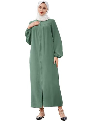 Muslim Dresses for Women One-Piece Long Sleeve Stand Collar Zip Up Islamic Prayer Dress Abaya Kaftan Dubai Dress - color: Green, size: X-Large