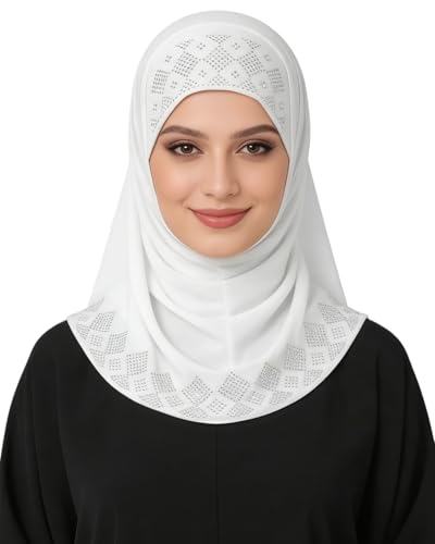 ZGMYC Women Shiny Rhinestones Muslim Hijab Elegant Long Turban Cap Head Wrap Scarf - color: White