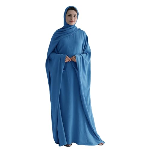 Abaya Muslim Women Dress Batwing Sleeve Loose Maxi Modest Islamic Clothes Prayer Dress with Hijab Scarf - color: Blue