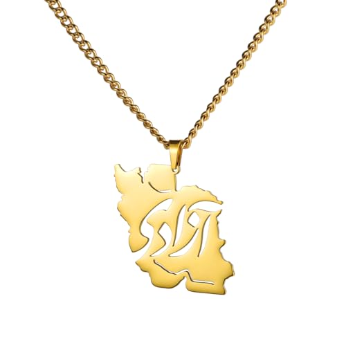 Iran Map Necklace Iranian Flag Persian Calligraphy Pendant Patriotic Heritage Pride Peace Jewelry Souvenir Series Gifts for Women Men - color: “آزادی” - Freedom gold