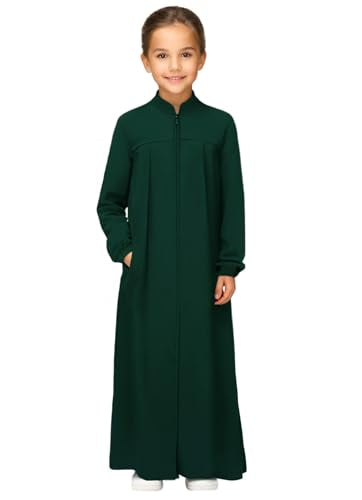 Girls Abaya Muslim Dress with Front Zipper 2 Pockets Dress Long Sleeve Solid Islamic Prayer Clothes for Kids - color: Dark Green, size: 5-6 Years