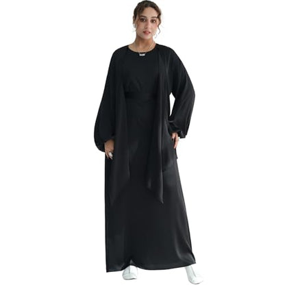 2PCS Muslim Abaya Dress for Women Smooth Satin Prayer Cardigan with Belt - color: Black, size: X-Large-XX-Large