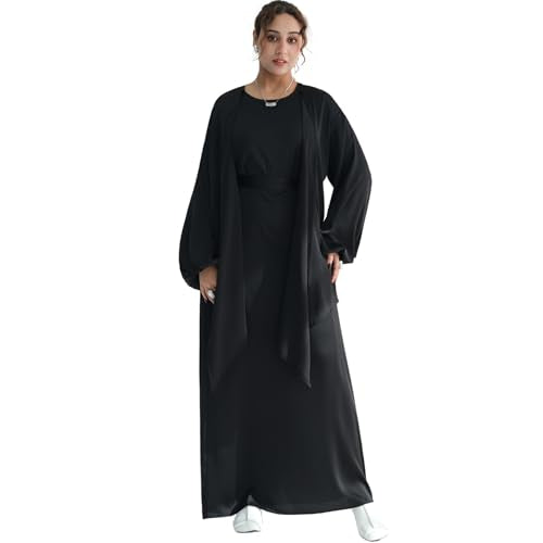 2PCS Muslim Abaya Dress for Women Smooth Satin Prayer Cardigan with Belt - color: Black, size: X-Large-XX-Large