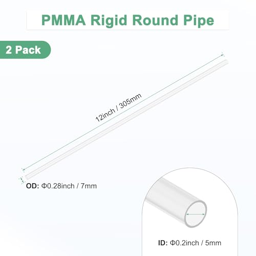 M METERXITY 2-Pack Clear Rigid Acrylic Pipe, 5mm[0.2"] ID x 7mm[0.28"] OD Plastic Round Tube for Water Cooling System/Lamps/Fountains/Aquariums/Display Stand, Acrylic Tubing [305mm/12IN] - size: 5mm ID x 7mm OD
