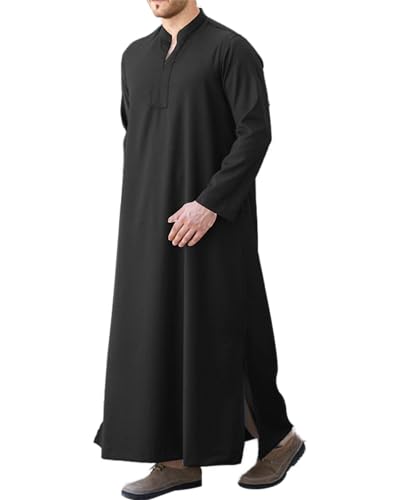 LVCBL Kaftan Thobe for Men Big And Tall Muslim Robe Mens Long Sleeve Caftan - color: Black, size: Medium