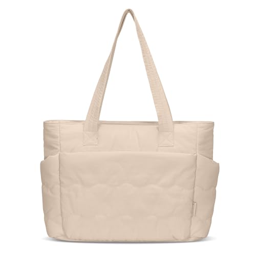 Hynes Eagle Tote Bag for Women Quilted Travel Bag Lightweight Puffer Tote Shoulder Handbag with Compartments Work/Gym/Teacher - color: Camel