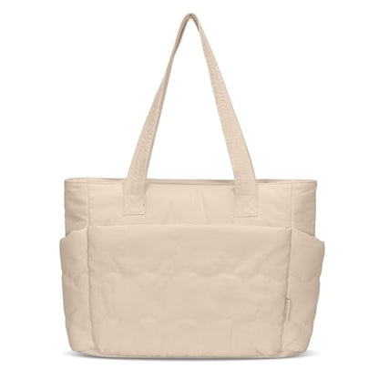 Hynes Eagle Tote Bag for Women Quilted Travel Bag Lightweight Puffer Tote Shoulder Handbag with Compartments Work/Gym/Teacher - color: Camel