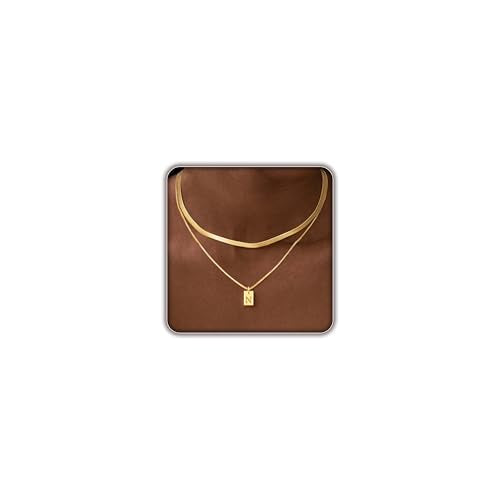 14K Gold Plated Layered Initial Necklace for Women with Herringbone Chain | Herringbone Choker & Letter Pendant, Waterproof Non-Tarnish Adjustable Snake Chain, 2Pcs Minimalist Stacking Jewelry Gift - color: N