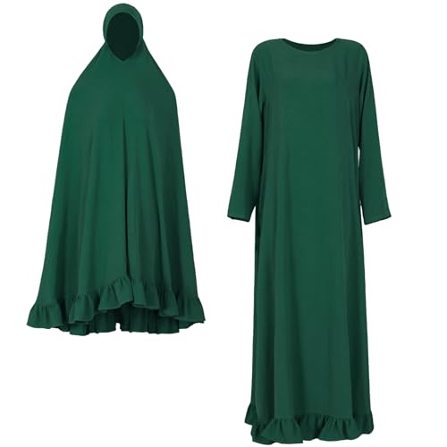 2PCS Abayas for Women Muslim Dress Ruffled Hem Modest Prayer Robe Full Coverage Modest Jilbab Set - color: Dark Green, size: Medium