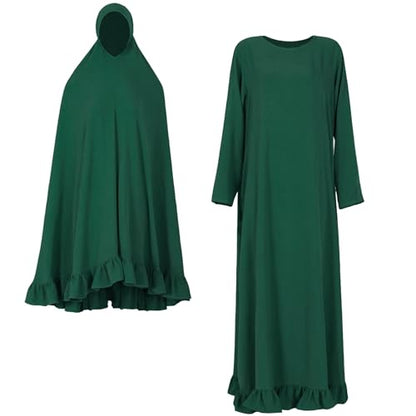 2PCS Abayas for Women Muslim Dress Ruffled Hem Modest Prayer Robe Full Coverage Modest Jilbab Set - color: Dark Green, size: Medium