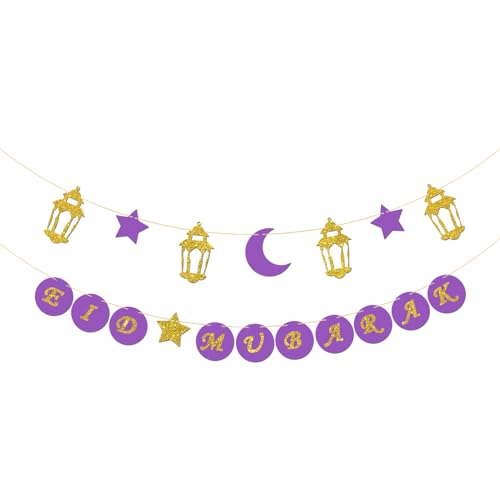 Eid Mubarak Banner Muslim Islam Ramadan Mubarak Bunting Banner with Lantern Moon Star Signs Eid Al-fitr Festival Celebration Garland Party Decorations Purple Gold - color: Purple
