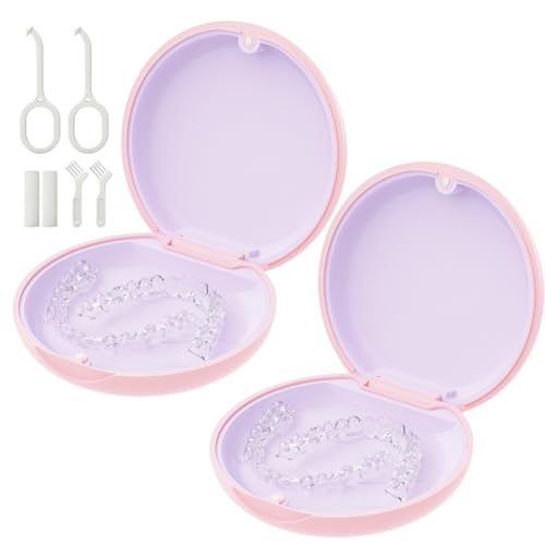 2 Pack Retainer Case, Slim Aligner Case for Invisalign with Tool Kit | 2 Pack Slim Magnetic Retainer Case for Invisalign • Pocket-Size for Travel • Full Kit: Removal Tool, Aligner Seater & Brush - color: 2 Pack - Pink & Lavender