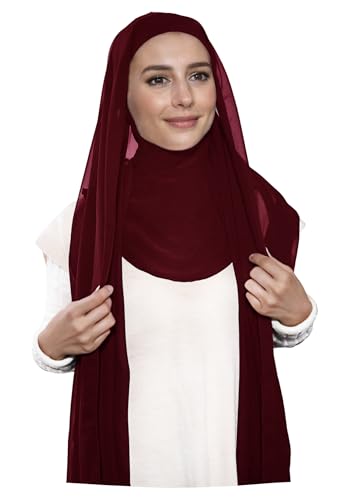 Lina & Lily Premium Chiffon Ninja Instant Hijab Scarf Stitched Jersey Cap Neck Cover Full Coverage - color: Dark Red