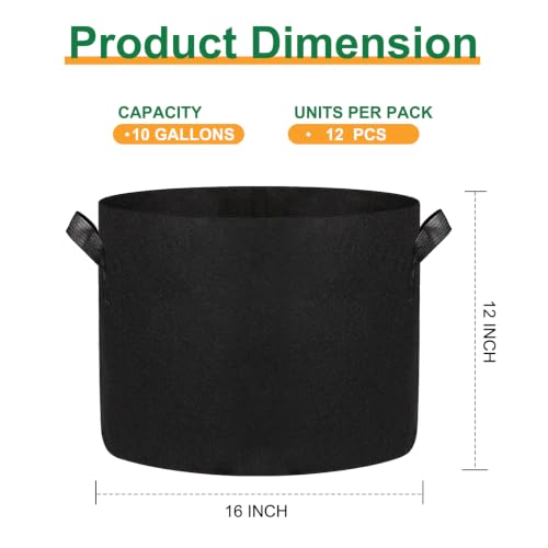 12-Pack 10 Gallon Grow Bags, 300G Thickened Nonwoven Garden Pots,Heavy Duty Fabric Pots with Reinforced Handles - size: 10 Gallons