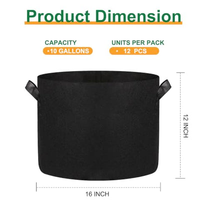 12-Pack 10 Gallon Grow Bags, 300G Thickened Nonwoven Garden Pots,Heavy Duty Fabric Pots with Reinforced Handles - size: 10 Gallons