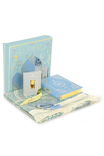 ihvan online Prayer Gift Set for Hajj and Umrah, Muslim Prayer Rug, Prayer Mat, Beads Taasbih, Holy Quran Translated English, Muslim Praying Mat, Islamic Gift Set for Ramadan & Eid, Blue - color: Blue English