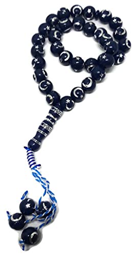 Muslim Bead Tasbih 33 Rosary AMN-277 Islam Prayer dhikr Misbaha with Moon Star Engraved on Islamic Religion Eid Ramadan Gift (Dark Blue) - color: Dark Blue