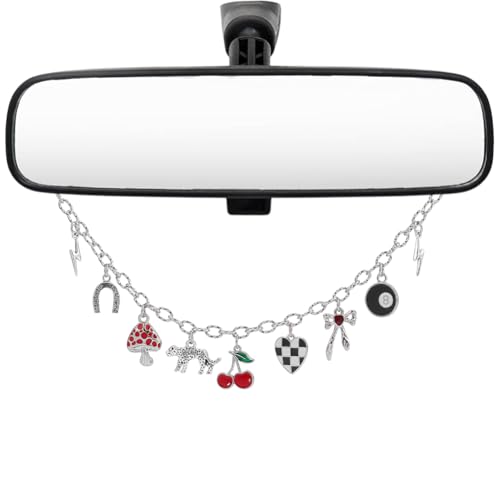 Rearview Mirror Charm for Car Stainless Steel Cable Chain with Cute Alloy Enamel Mushroom Cherry Heart Pendants Car Interior Pendant Decor Accessories for Women Rear View Mirror Home Window - style: Silver,Cherry,Heart