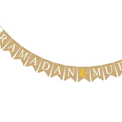SWYOUN Burlap Ramadan Mubarak Banner Supplies With Glitter Moon and Star Signs Mantel Fireplace Decoration