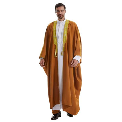Muslim Men Thobe Thick Golden Tassel Muslim Prayer Cardigan Eid Open Abaya - color: Camel, size: Medium