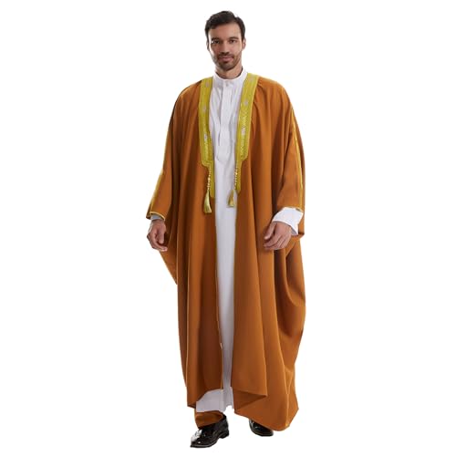 Muslim Men Thobe Thick Golden Tassel Muslim Prayer Cardigan Eid Open Abaya - color: Camel, size: Medium